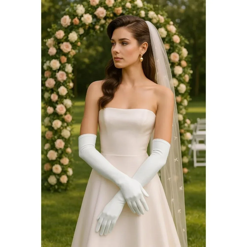 Women's Off-White Vintage Satin Long Gloves Party Costume Stretchy Elbow Length